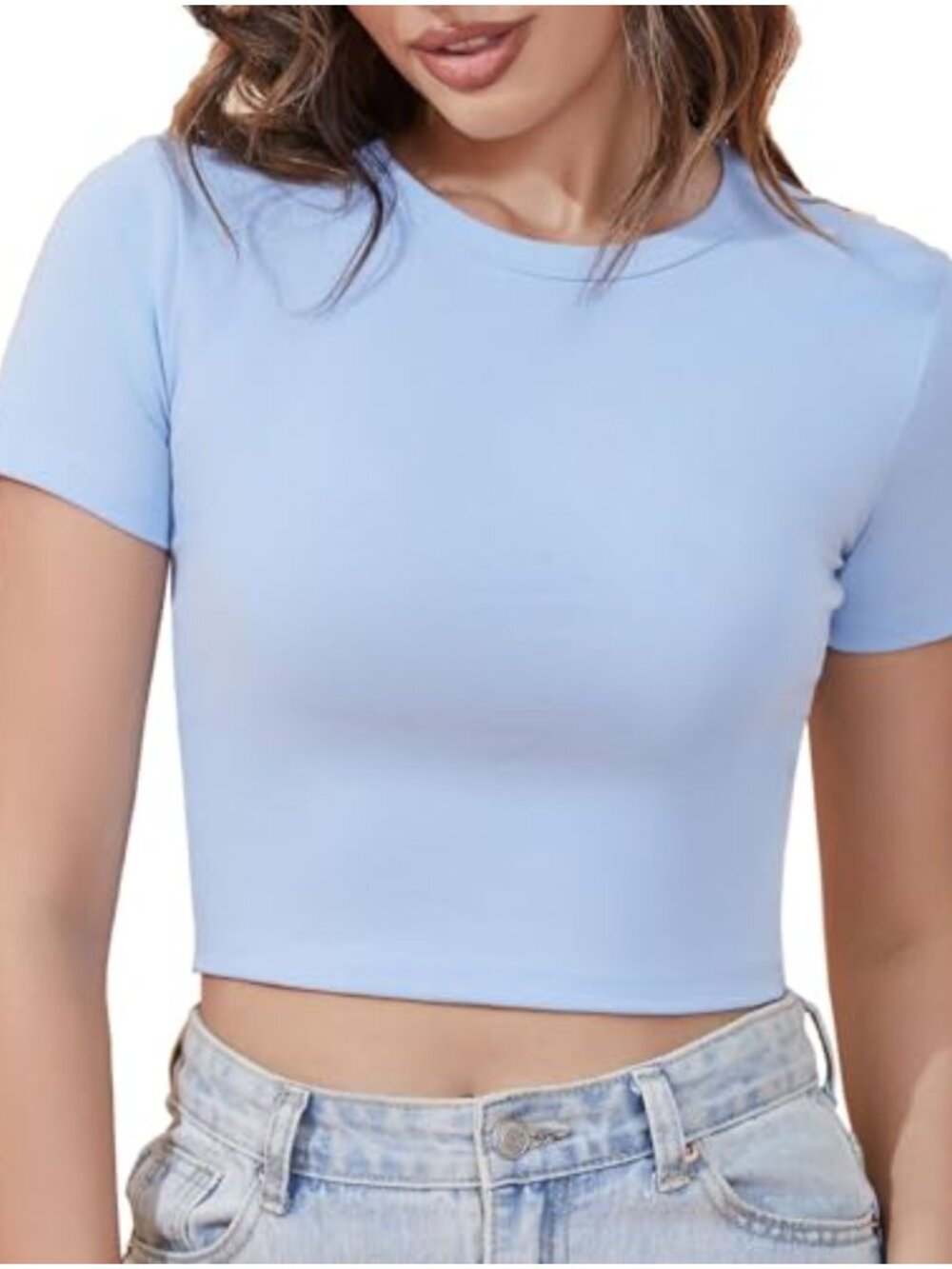 Cotton Slim Fit Crop Top Short Sleeve Crew Neck Casual T-Shirt